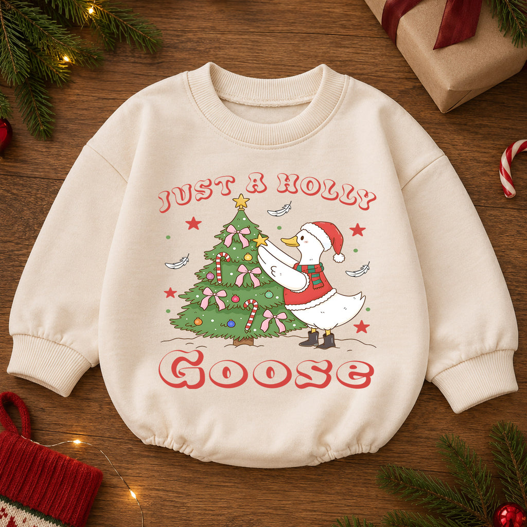 Just a Holly Goose Christmas Baby Romper, Goose Christmas Tree Holiday Outfit, Toddler Xmas Romper, Cute 1st Christmas Gift — product view 2