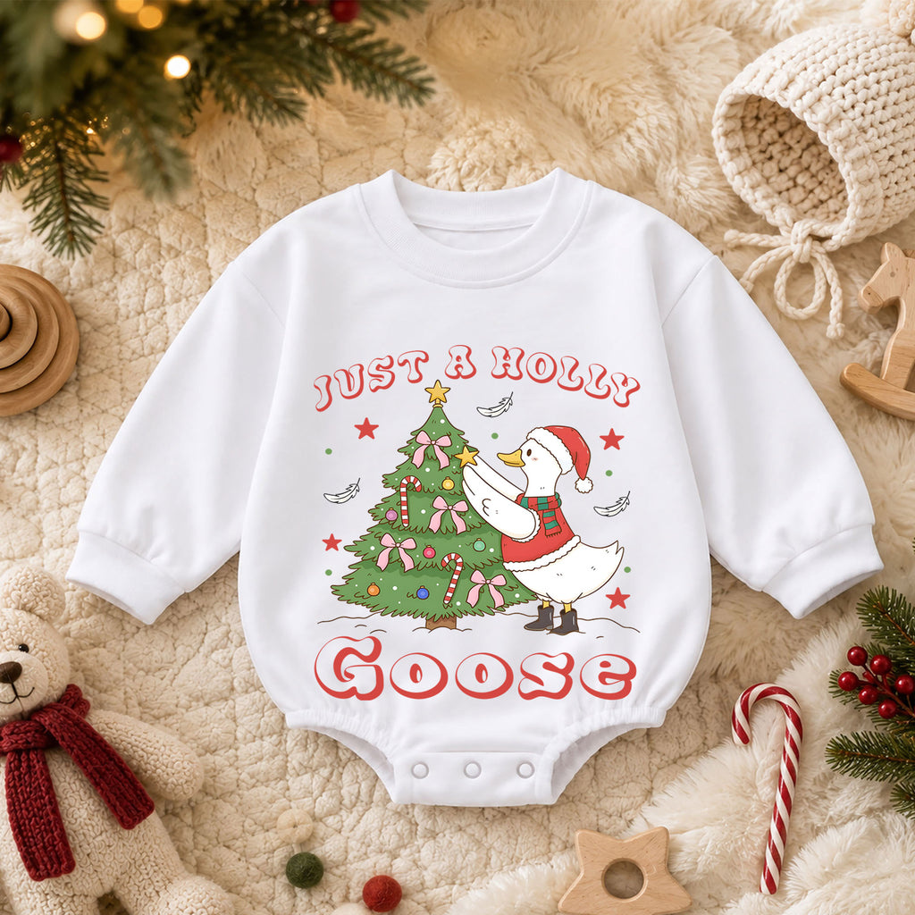 Just a Holly Goose Christmas Baby Romper, Goose Christmas Tree Holiday Outfit, Toddler Xmas Romper, Cute 1st Christmas Gift — product view 3