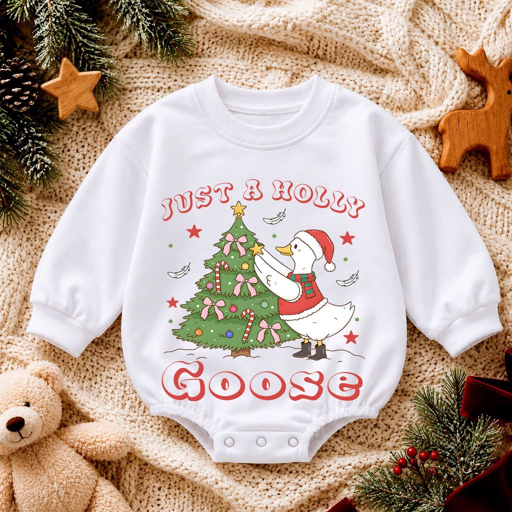 Just a Holly Goose Christmas Baby Romper, Goose Christmas Tree Holiday Outfit, Toddler Xmas Romper, Cute 1st Christmas Gift — product view 4