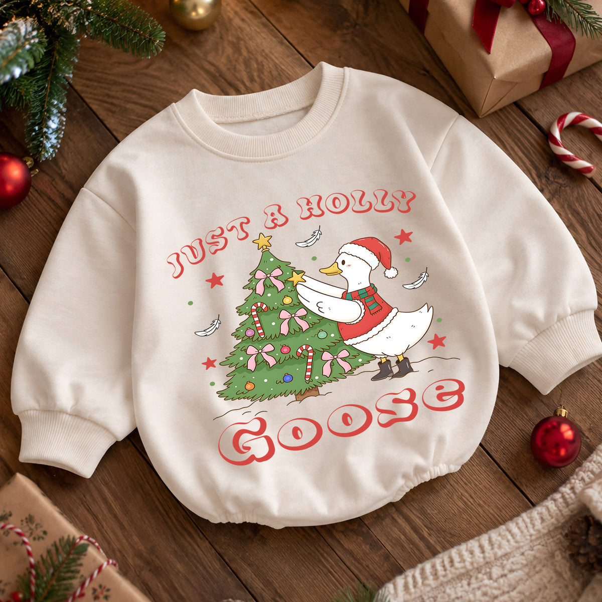 Just a Holly Goose Christmas Baby Romper, Goose Christmas Tree Holiday Outfit, Toddler Xmas Romper, Cute 1st Christmas Gift — product view 5