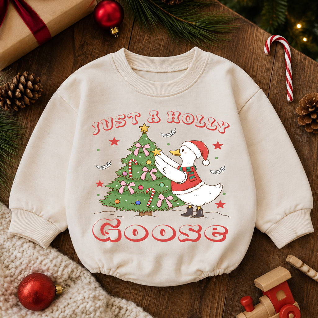 Just a Holly Goose Christmas Baby Romper, Goose Christmas Tree Holiday Outfit, Toddler Xmas Romper, Cute 1st Christmas Gift — product view 6