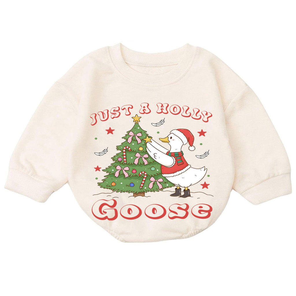 Just a Holly Goose Christmas Baby Romper, Goose Christmas Tree Holiday Outfit, Toddler Xmas Romper, Cute 1st Christmas Gift — product view 7