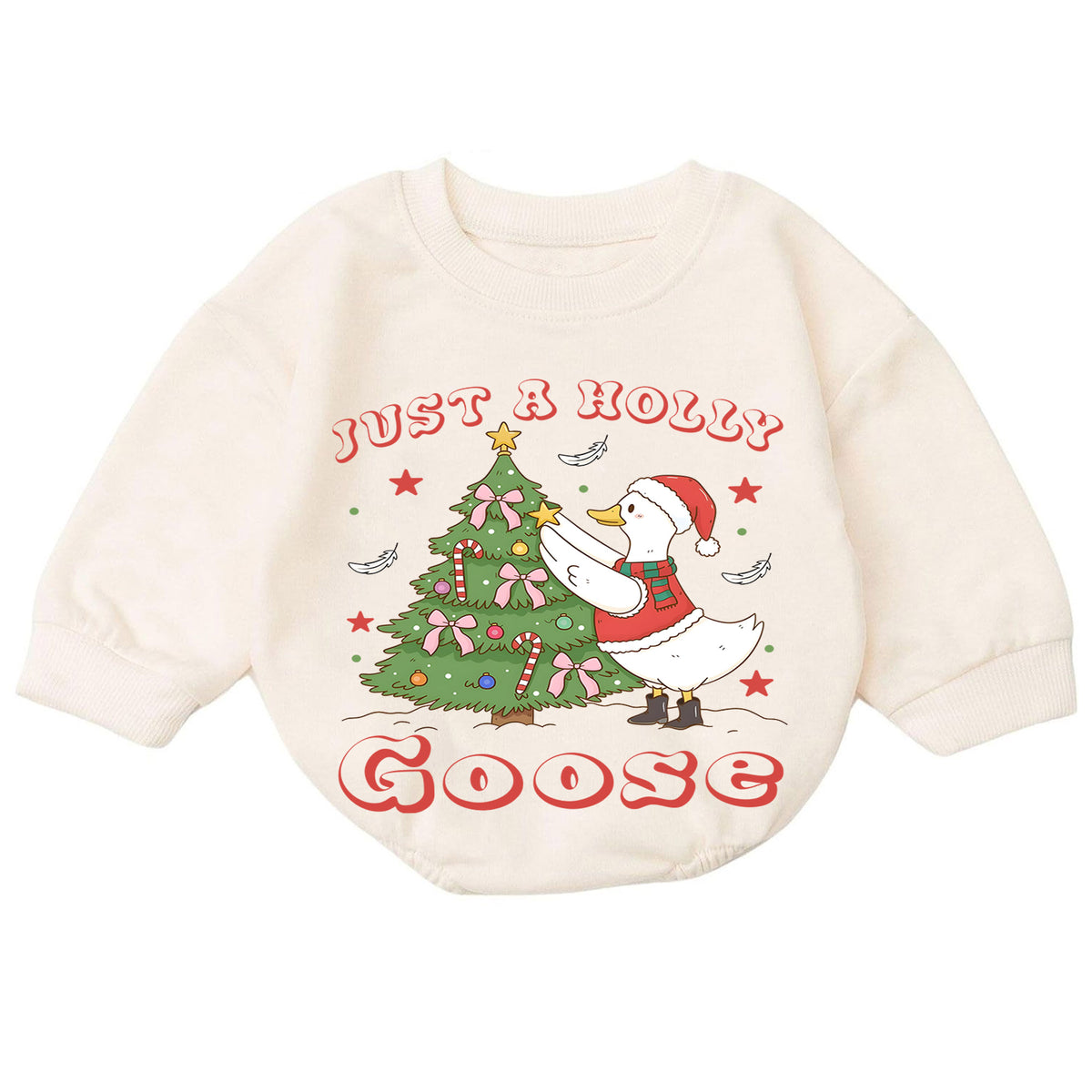 Just a Holly Goose Christmas Baby Romper, Goose Christmas Tree Holiday Outfit, Toddler Xmas Romper, Cute 1st Christmas Gift — product view 7