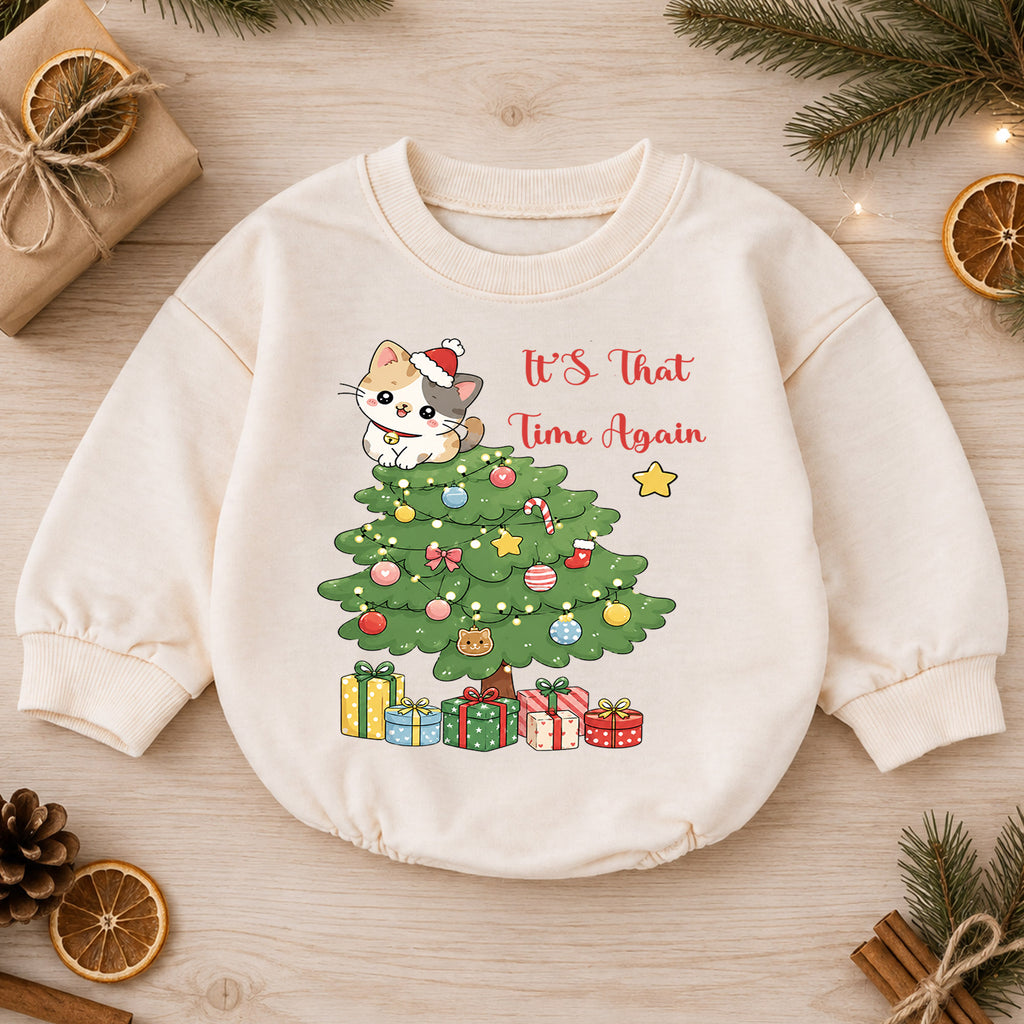 Cat Christmas Romper for Baby, Cute Christmas Tree Kitty Romper, Holiday Cat Lover Toddler Romper, Baby Christmas Outfit — product view 1