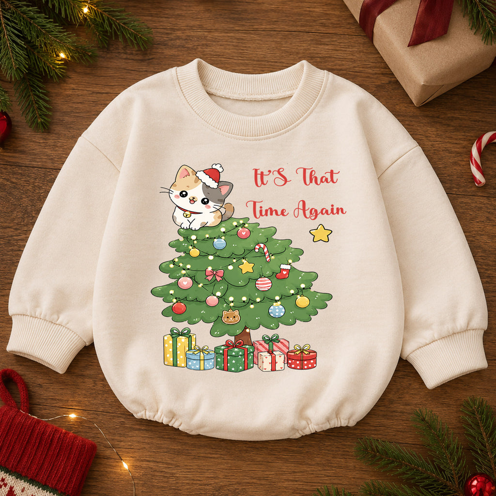 Cat Christmas Romper for Baby, Cute Christmas Tree Kitty Romper, Holiday Cat Lover Toddler Romper, Baby Christmas Outfit — product view 2
