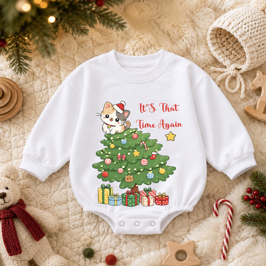 Cat Christmas Romper for Baby, Cute Christmas Tree Kitty Romper, Holiday Cat Lover Toddler Romper, Baby Christmas Outfit — product view 3