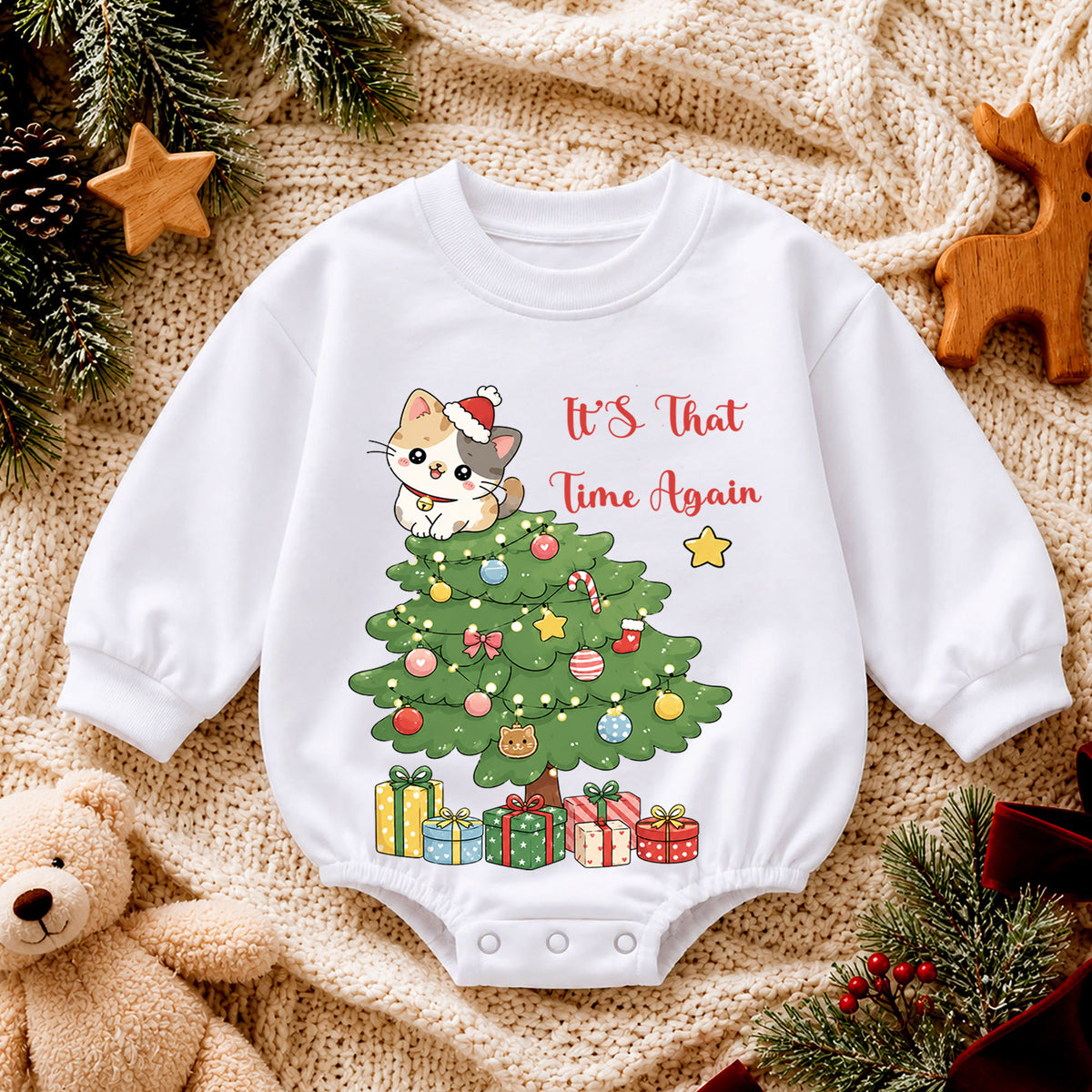 Cat Christmas Romper for Baby, Cute Christmas Tree Kitty Romper, Holiday Cat Lover Toddler Romper, Baby Christmas Outfit — product view 4