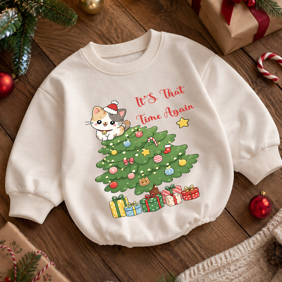Cat Christmas Romper for Baby, Cute Christmas Tree Kitty Romper, Holiday Cat Lover Toddler Romper, Baby Christmas Outfit — product view 5