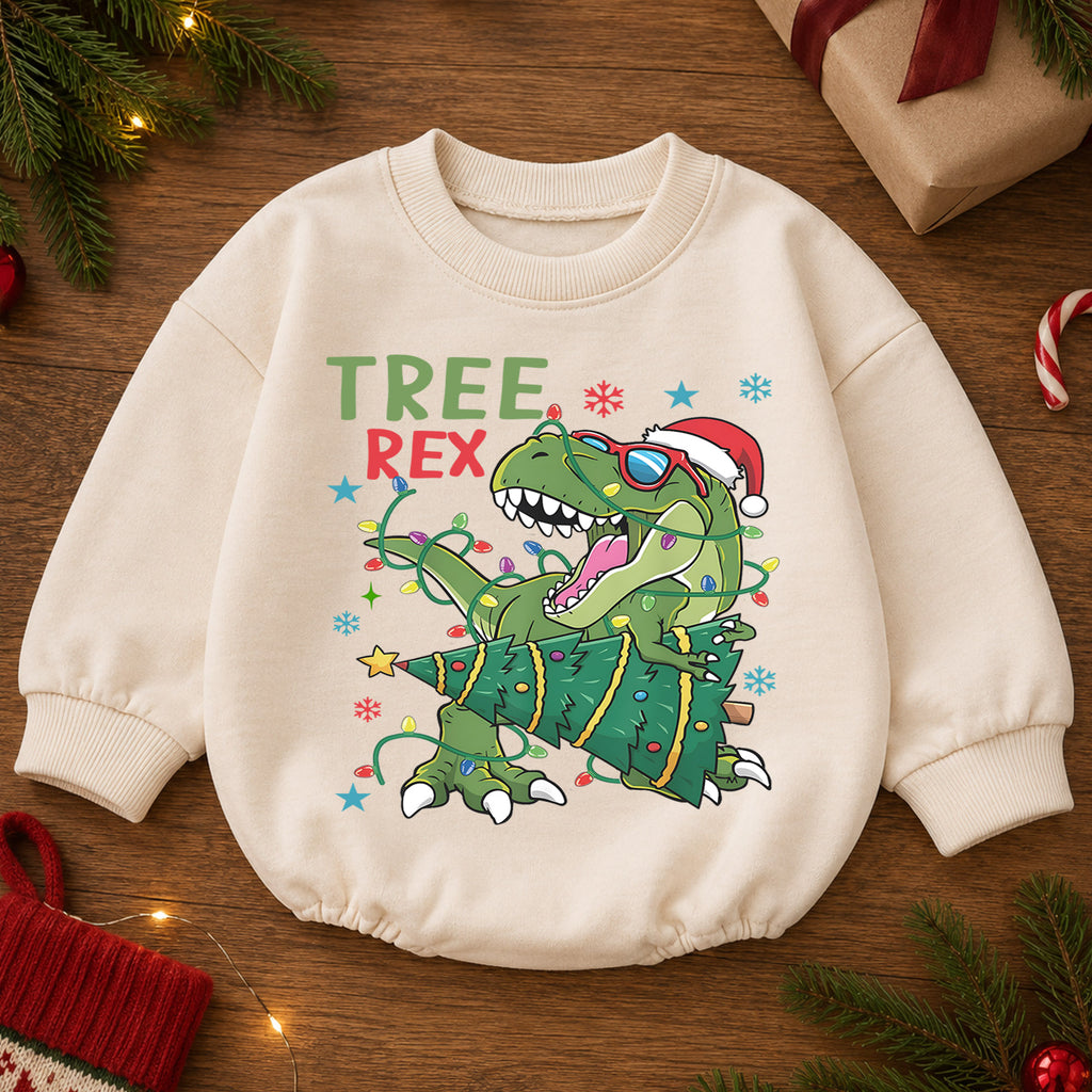 Christmas Dinosaur Baby Romper, Tree Rex Holiday Outfit, Funny T Rex Christmas Romper, Cute Toddler 1st Christmas Gift — product view 2