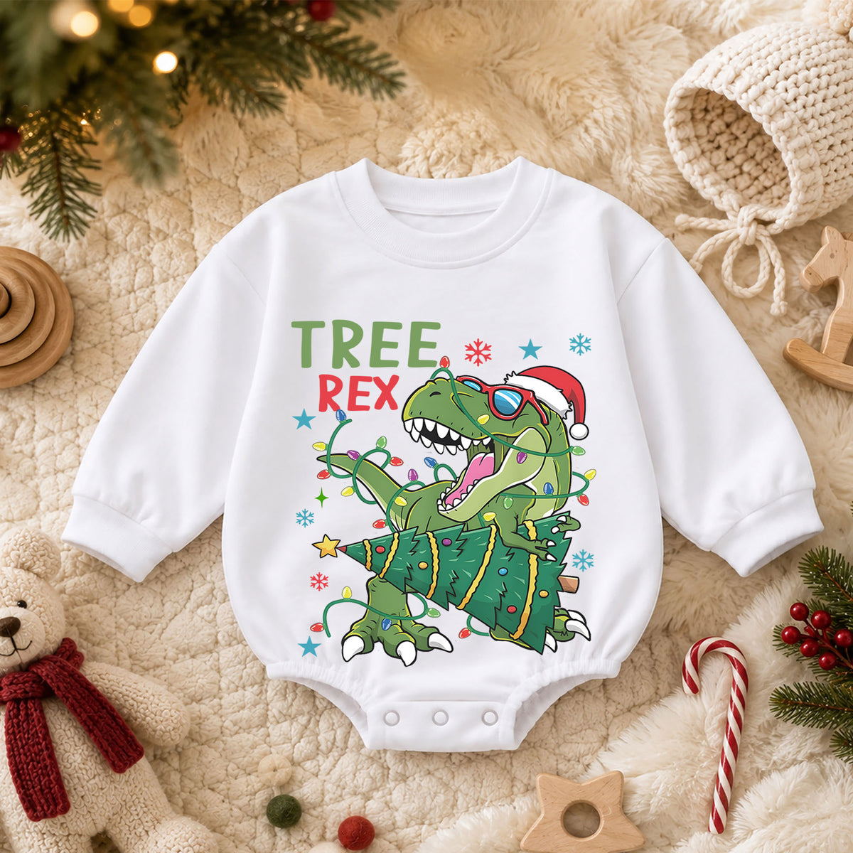 Christmas Dinosaur Baby Romper, Tree Rex Holiday Outfit, Funny T Rex Christmas Romper, Cute Toddler 1st Christmas Gift — product view 3