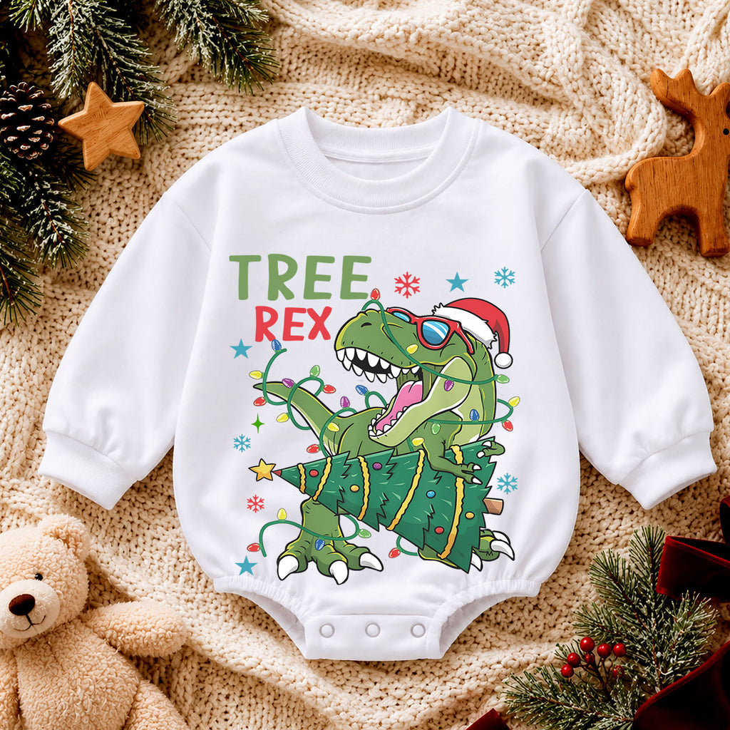Christmas Dinosaur Baby Romper, Tree Rex Holiday Outfit, Funny T Rex Christmas Romper, Cute Toddler 1st Christmas Gift — product view 4
