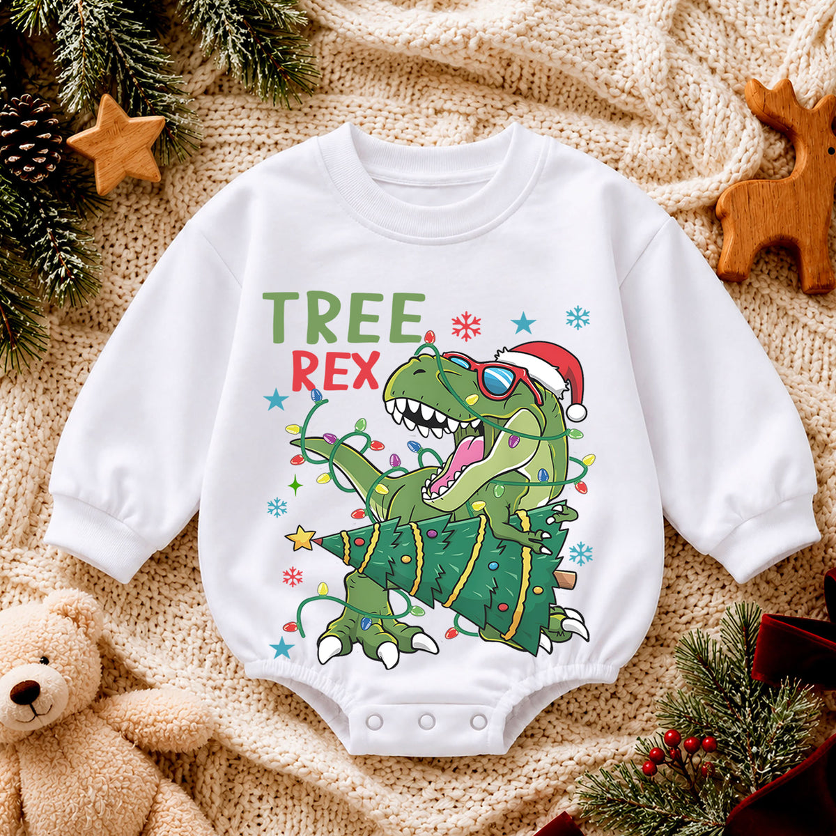 Christmas Dinosaur Baby Romper, Tree Rex Holiday Outfit, Funny T Rex Christmas Romper, Cute Toddler 1st Christmas Gift — product view 4