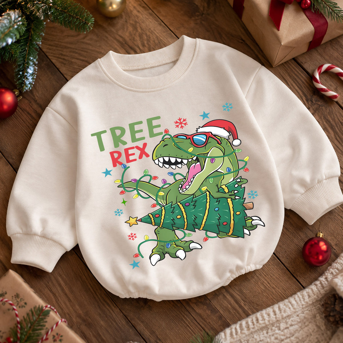 Christmas Dinosaur Baby Romper, Tree Rex Holiday Outfit, Funny T Rex Christmas Romper, Cute Toddler 1st Christmas Gift — product view 5