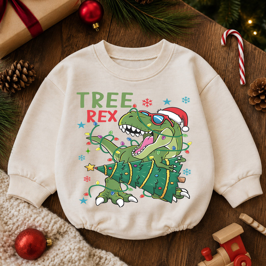 Christmas Dinosaur Baby Romper, Tree Rex Holiday Outfit, Funny T Rex Christmas Romper, Cute Toddler 1st Christmas Gift — product view 6