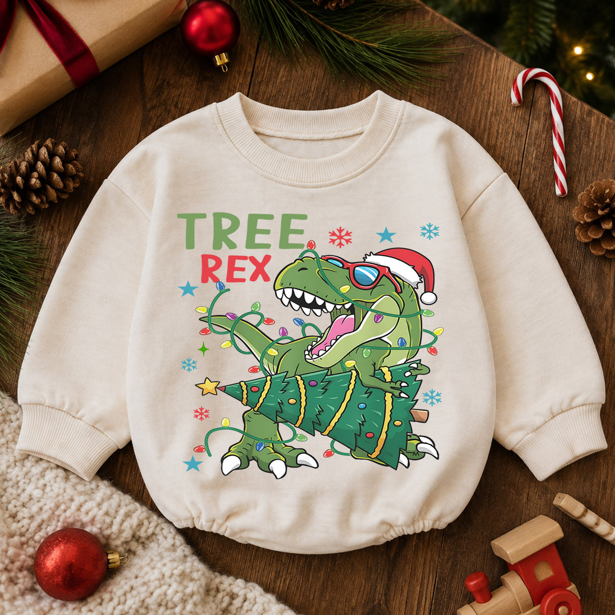 Christmas Dinosaur Baby Romper, Tree Rex Holiday Outfit, Funny T Rex Christmas Romper, Cute Toddler 1st Christmas Gift — product view 6