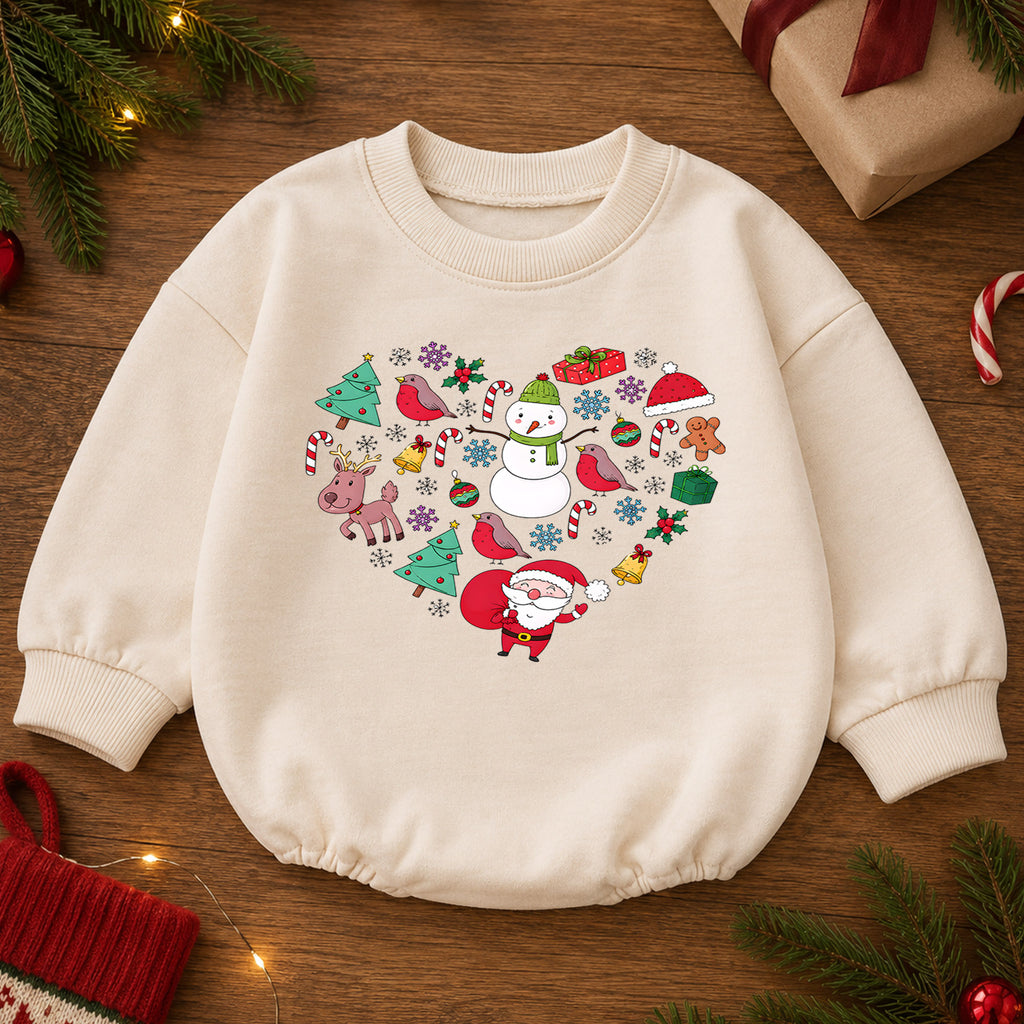 Christmas Heart Baby Romper, Santa Snowman Reindeer Holiday Romper, Cute Festive Character Outfit, Xmas Gift for Baby — product view 2