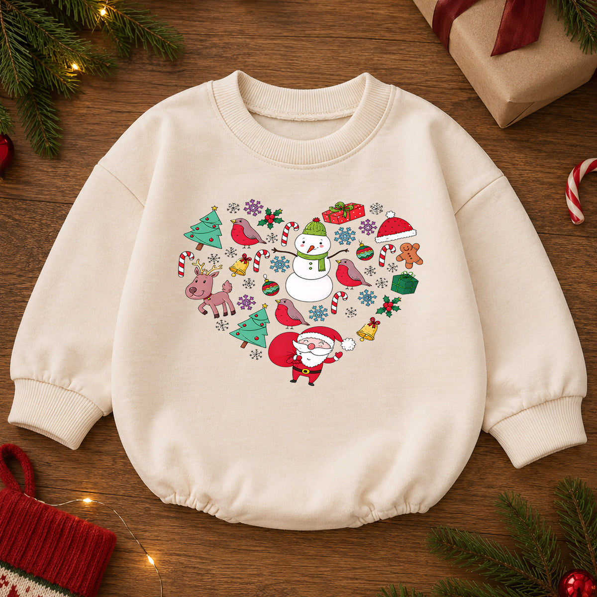 Christmas Heart Baby Romper, Santa Snowman Reindeer Holiday Romper, Cute Festive Character Outfit, Xmas Gift for Baby — product view 2