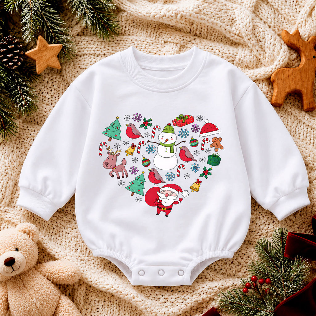 Christmas Heart Baby Romper, Santa Snowman Reindeer Holiday Romper, Cute Festive Character Outfit, Xmas Gift for Baby — product view 4