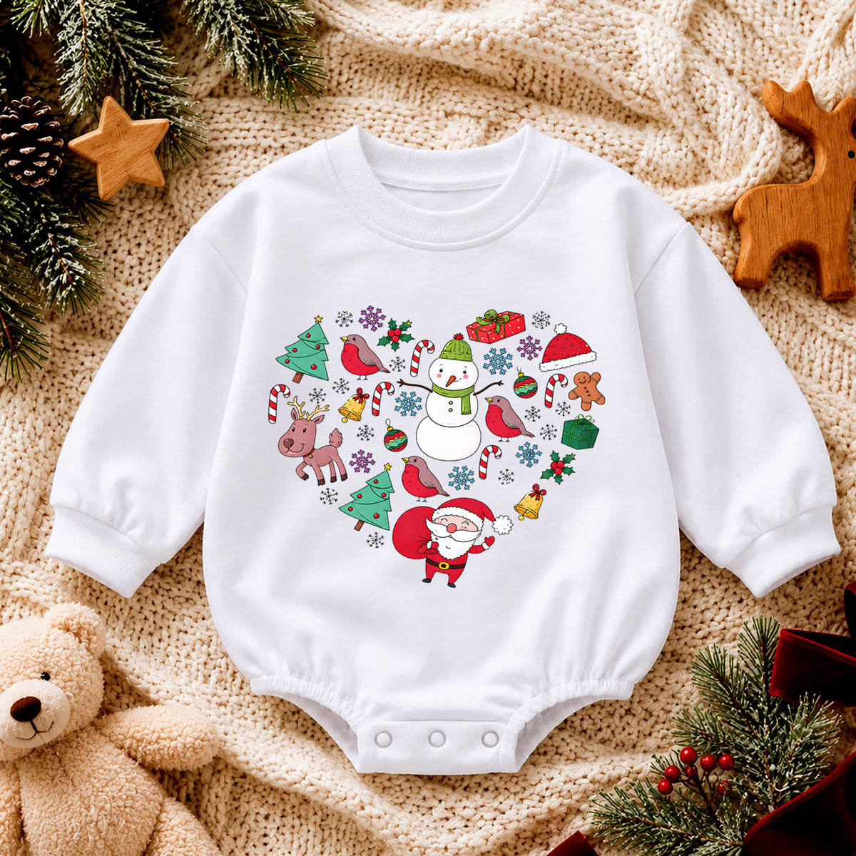 Christmas Heart Baby Romper, Santa Snowman Reindeer Holiday Romper, Cute Festive Character Outfit, Xmas Gift for Baby — product view 4