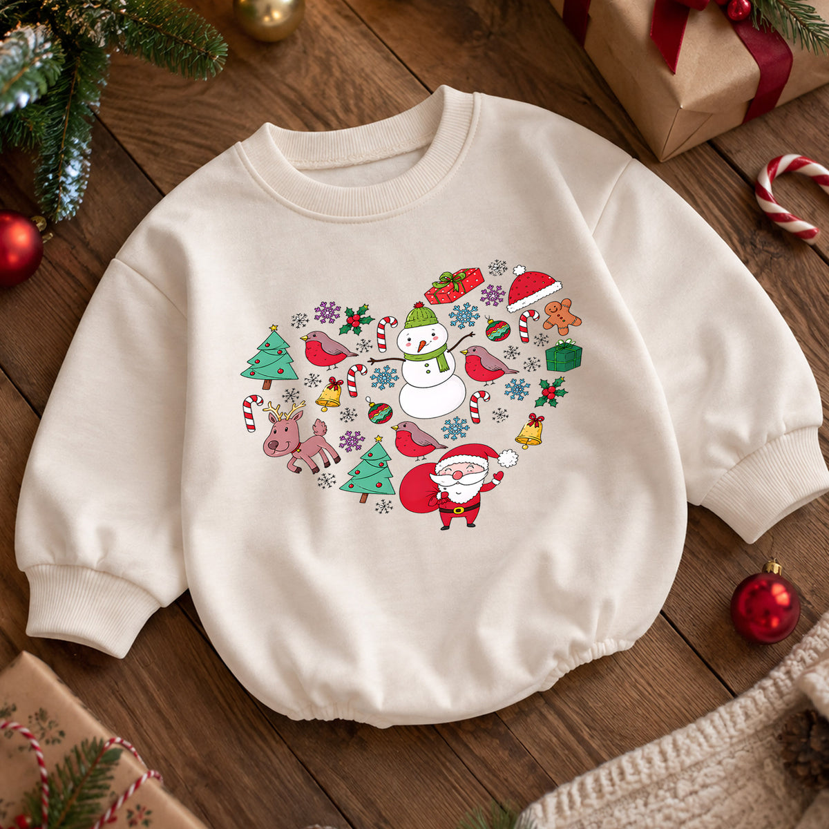 Christmas Heart Baby Romper, Santa Snowman Reindeer Holiday Romper, Cute Festive Character Outfit, Xmas Gift for Baby — product view 5