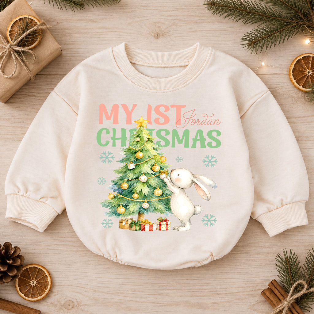 My 1st Christmas Baby Romper, Bunny 1st Birthday Holiday Outfit, Baby First Christmas Romper, Keepsake Gift — product view 1