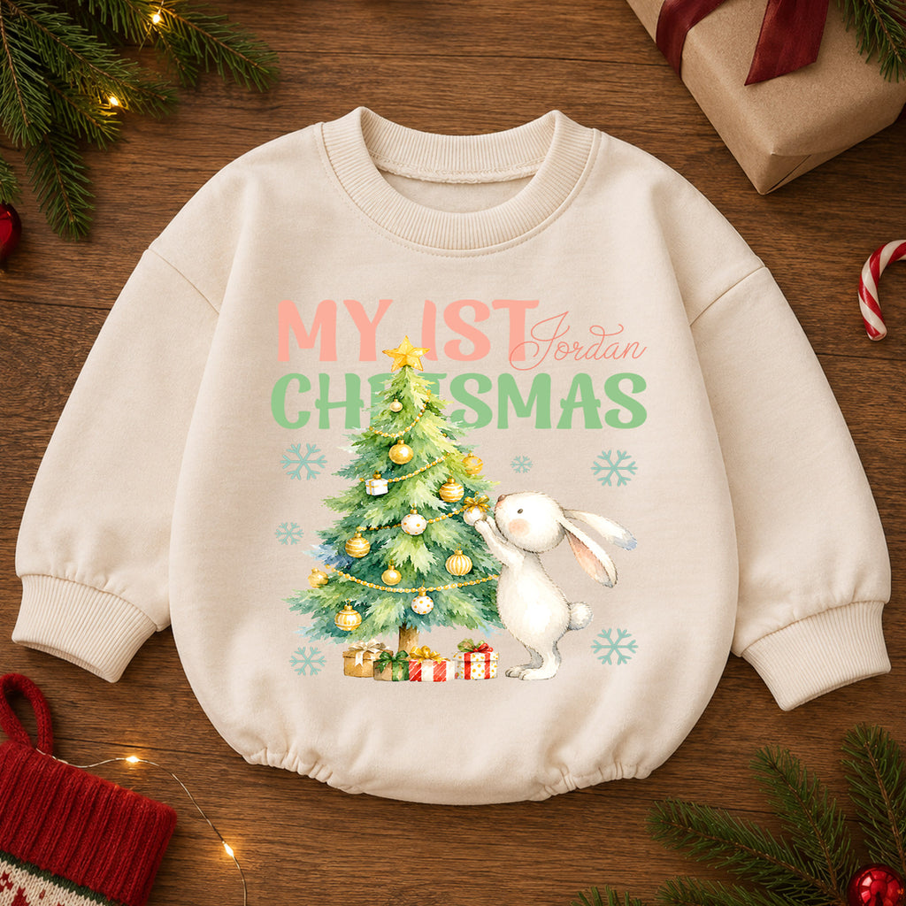 My 1st Christmas Baby Romper, Bunny 1st Birthday Holiday Outfit, Baby First Christmas Romper, Keepsake Gift — product view 2