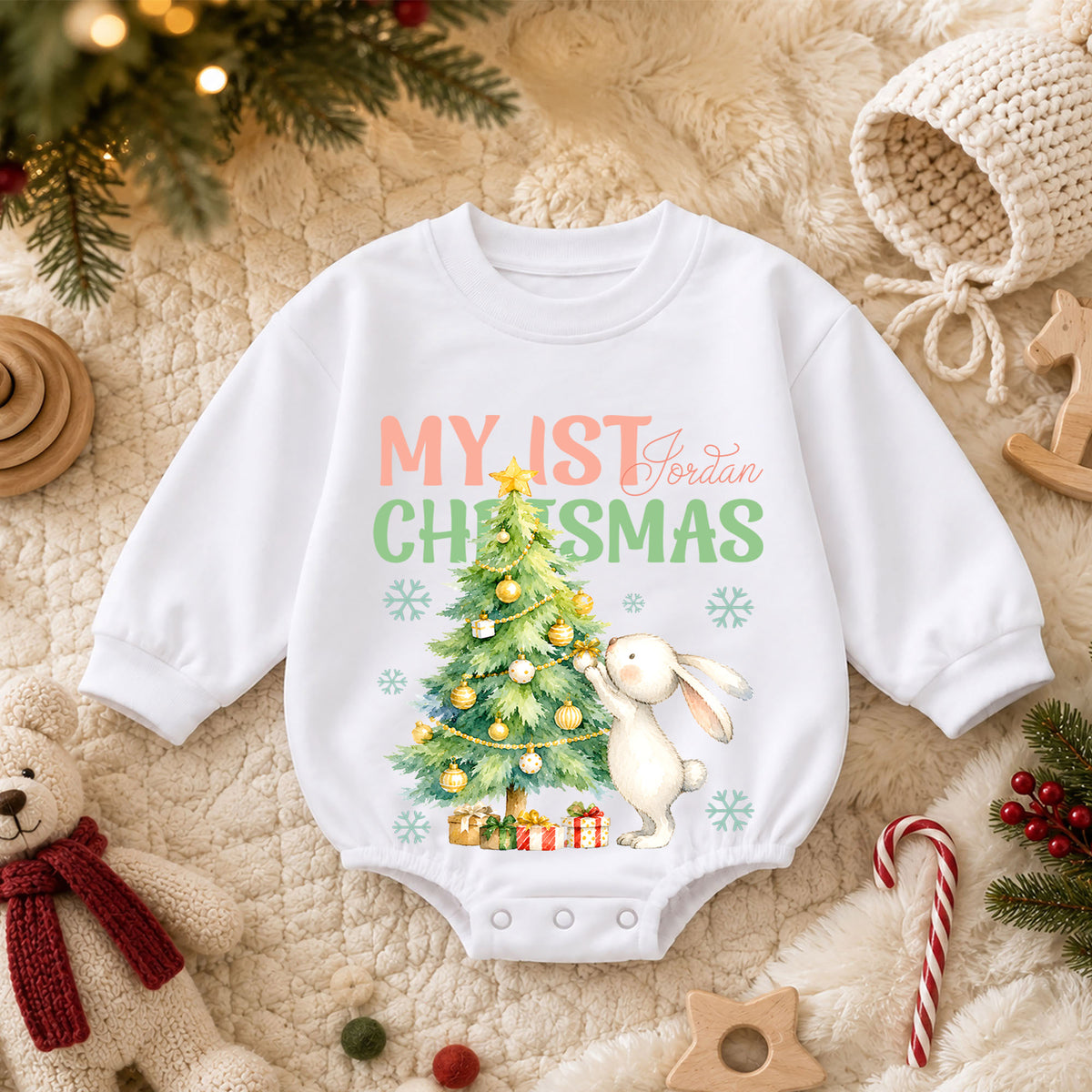 My 1st Christmas Baby Romper, Bunny 1st Birthday Holiday Outfit, Baby First Christmas Romper, Keepsake Gift — product view 3