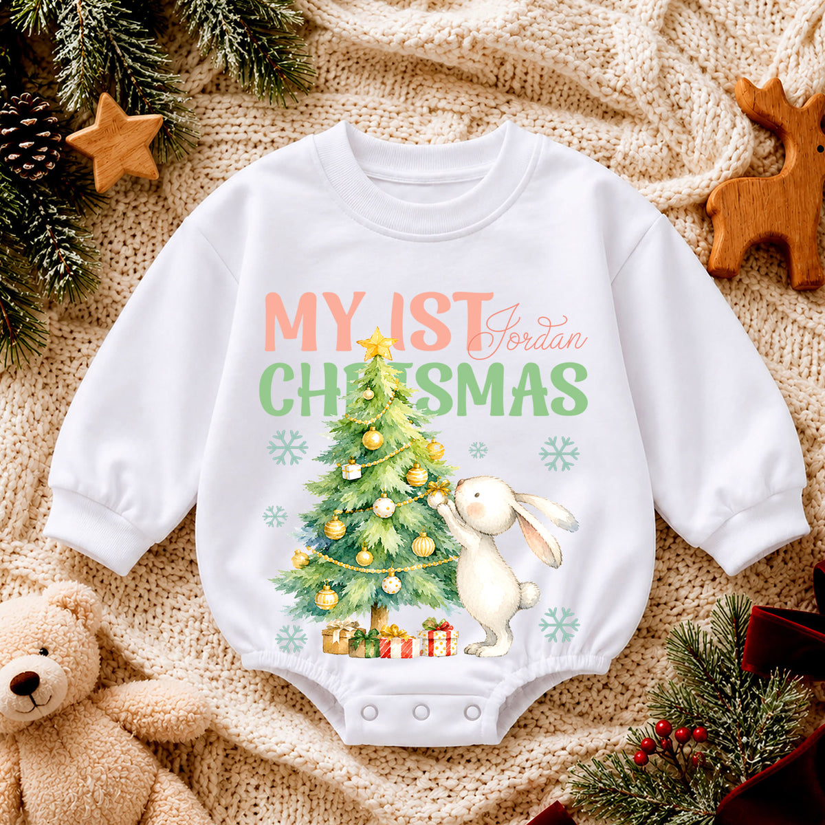 My 1st Christmas Baby Romper, Bunny 1st Birthday Holiday Outfit, Baby First Christmas Romper, Keepsake Gift — product view 4