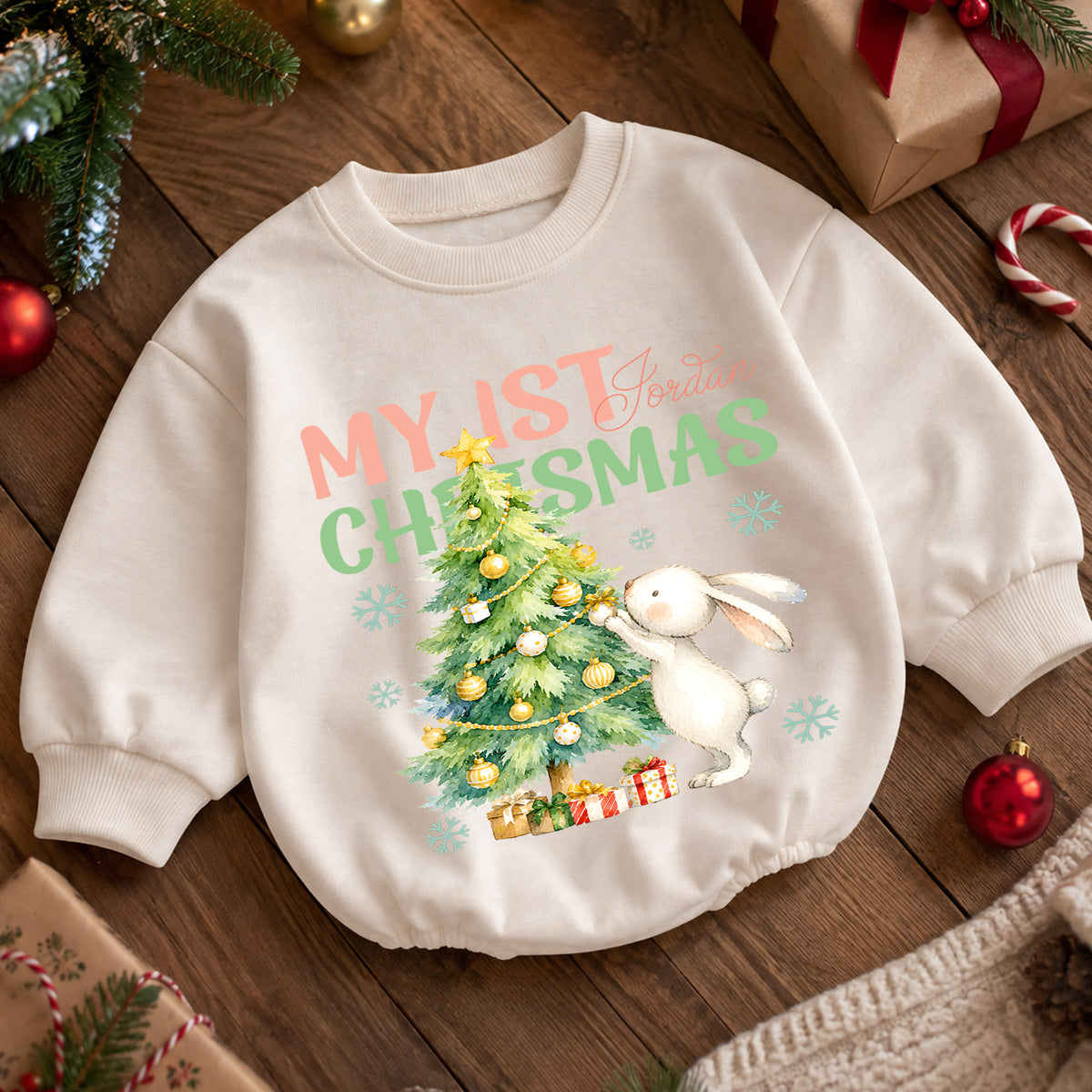 My 1st Christmas Baby Romper, Bunny 1st Birthday Holiday Outfit, Baby First Christmas Romper, Keepsake Gift — product view 5