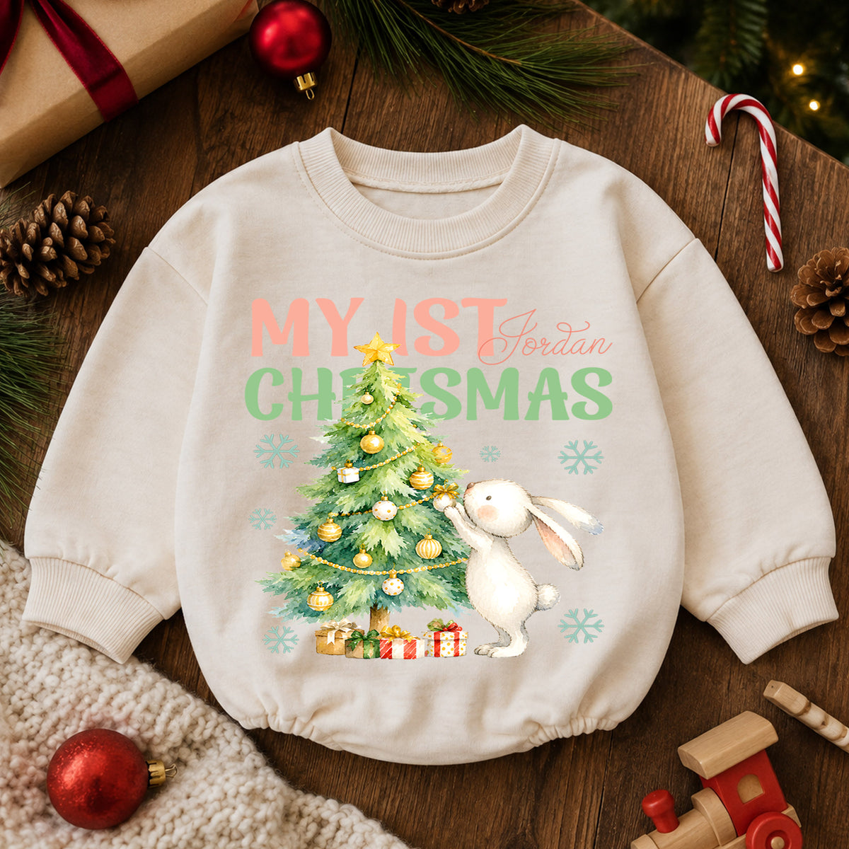 My 1st Christmas Baby Romper, Bunny 1st Birthday Holiday Outfit, Baby First Christmas Romper, Keepsake Gift — product view 6