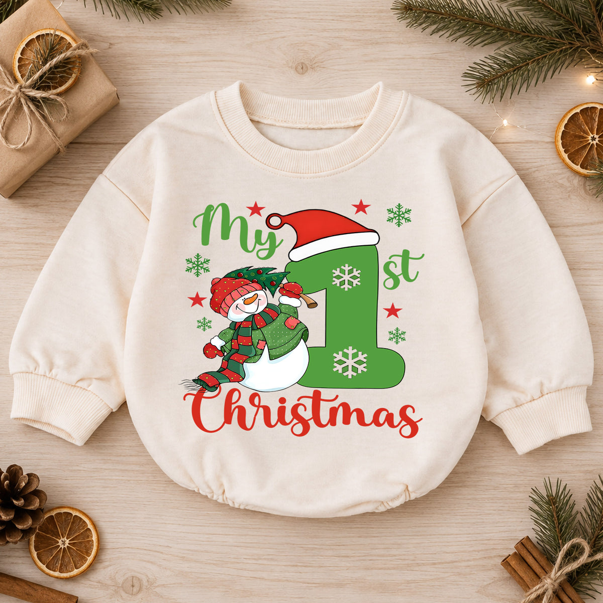 My 1st Christmas Baby Romper, Snowman First Christmas Outfit, Toddler Holiday Romper, Cute 1st Birthday Christmas Gift for Baby — product view 1