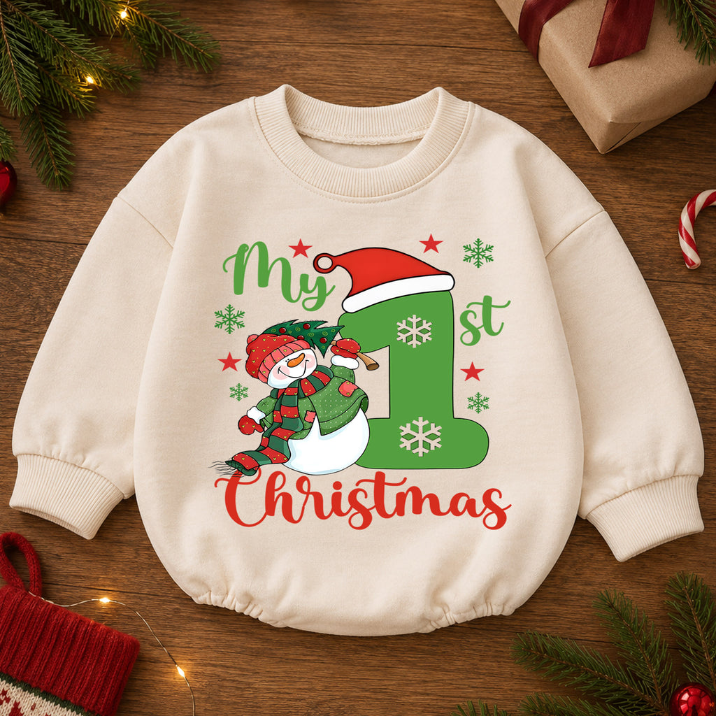 My 1st Christmas Baby Romper, Snowman First Christmas Outfit, Toddler Holiday Romper, Cute 1st Birthday Christmas Gift for Baby — product view 2