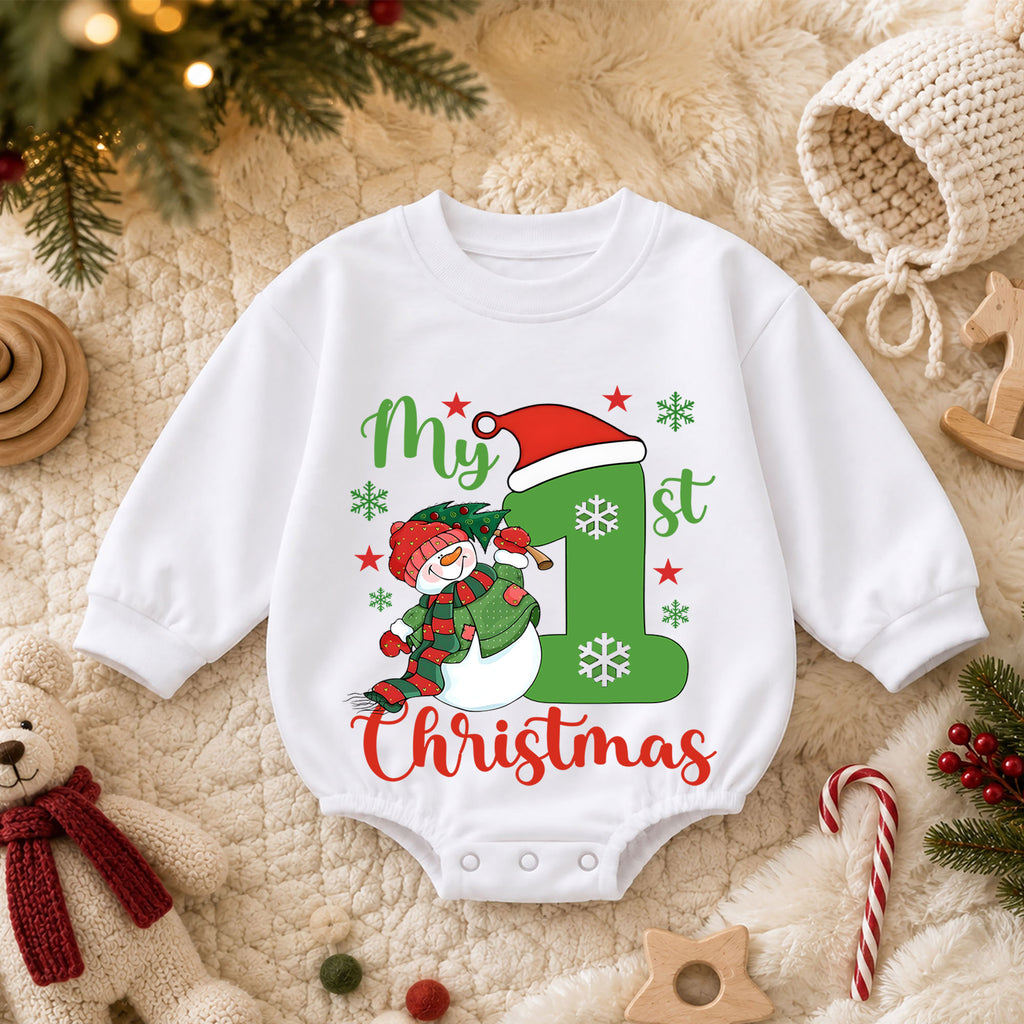 My 1st Christmas Baby Romper, Snowman First Christmas Outfit, Toddler Holiday Romper, Cute 1st Birthday Christmas Gift for Baby — product view 3