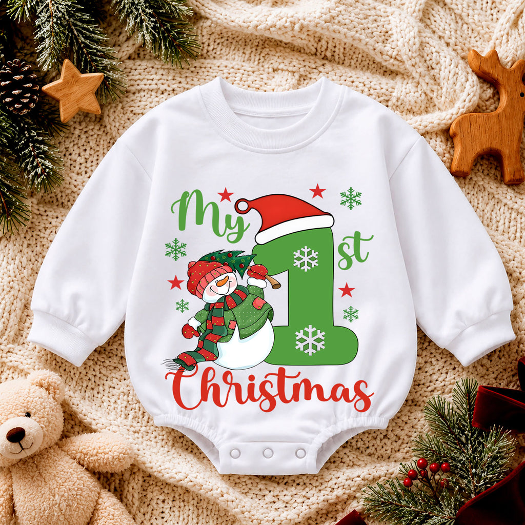 My 1st Christmas Baby Romper, Snowman First Christmas Outfit, Toddler Holiday Romper, Cute 1st Birthday Christmas Gift for Baby — product view 4