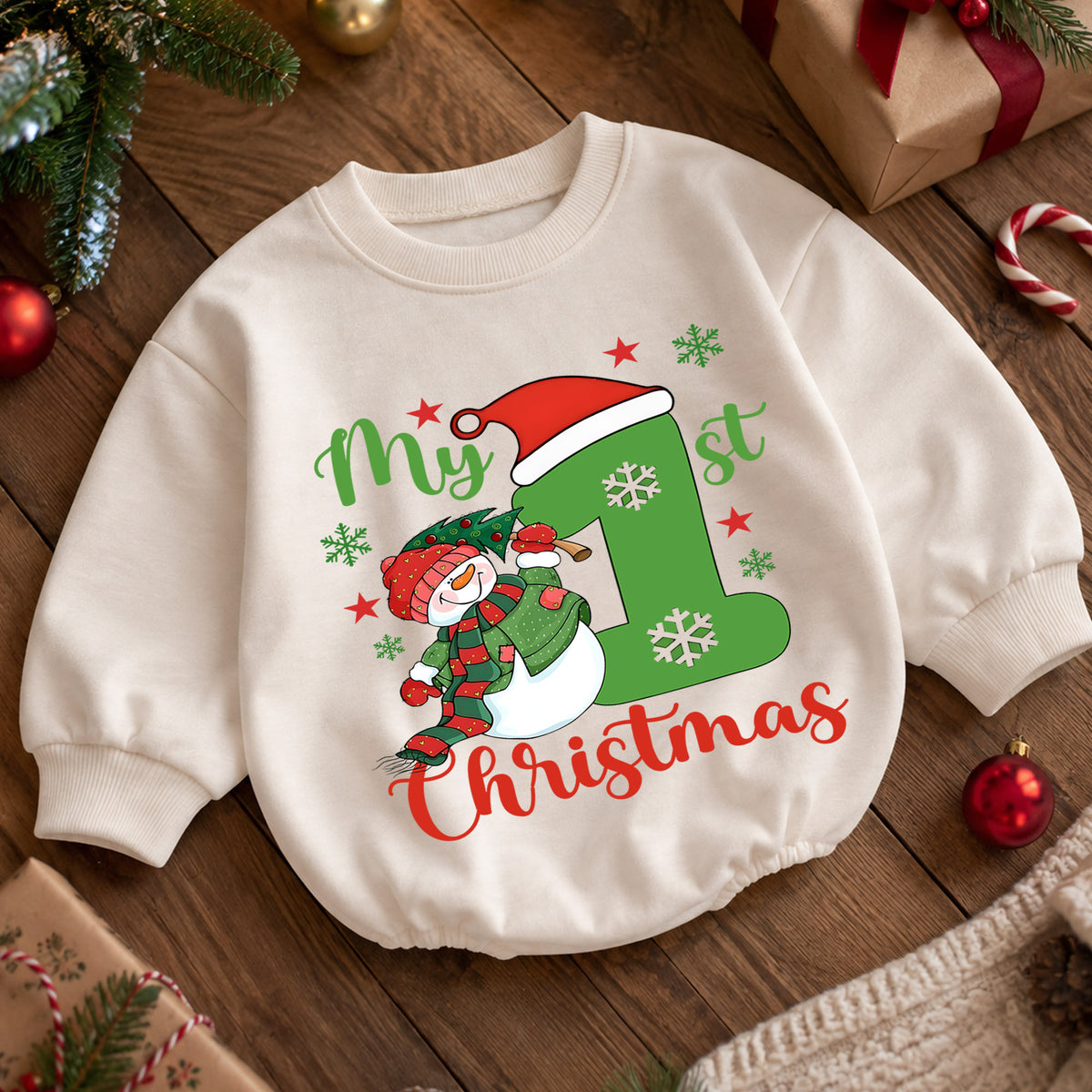 My 1st Christmas Baby Romper, Snowman First Christmas Outfit, Toddler Holiday Romper, Cute 1st Birthday Christmas Gift for Baby — product view 5