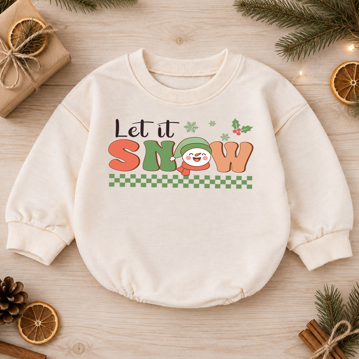 Let It Snow Christmas Baby Romper, Retro Snowman Winter Holiday Outfit, Toddler Xmas Romper, Cute 1st Christmas Gift for Baby — product view 1