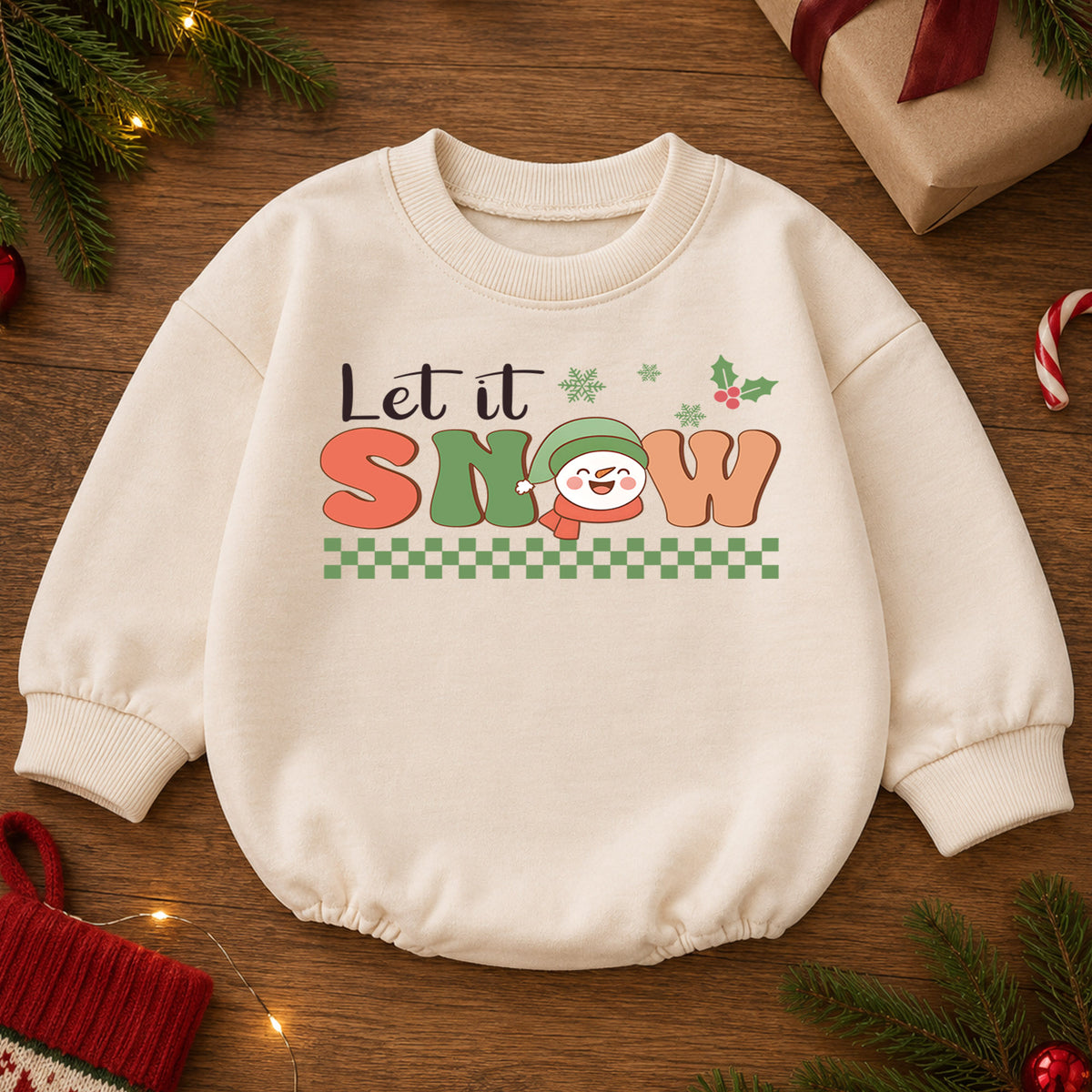Let It Snow Christmas Baby Romper, Retro Snowman Winter Holiday Outfit, Toddler Xmas Romper, Cute 1st Christmas Gift for Baby — product view 2