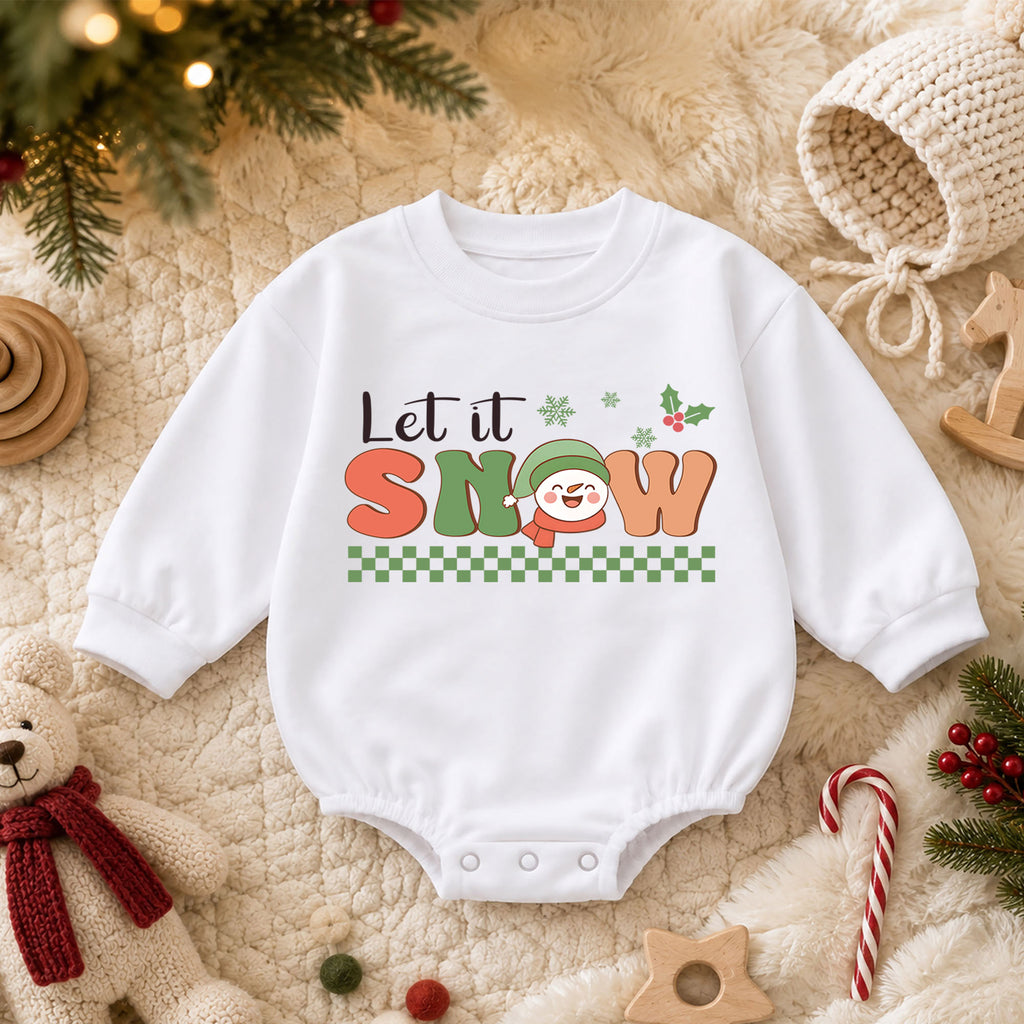 Let It Snow Christmas Baby Romper, Retro Snowman Winter Holiday Outfit, Toddler Xmas Romper, Cute 1st Christmas Gift for Baby — product view 3