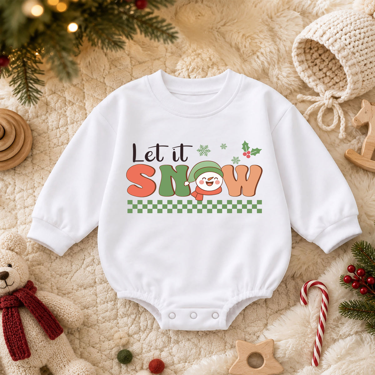 Let It Snow Christmas Baby Romper, Retro Snowman Winter Holiday Outfit, Toddler Xmas Romper, Cute 1st Christmas Gift for Baby — product view 3