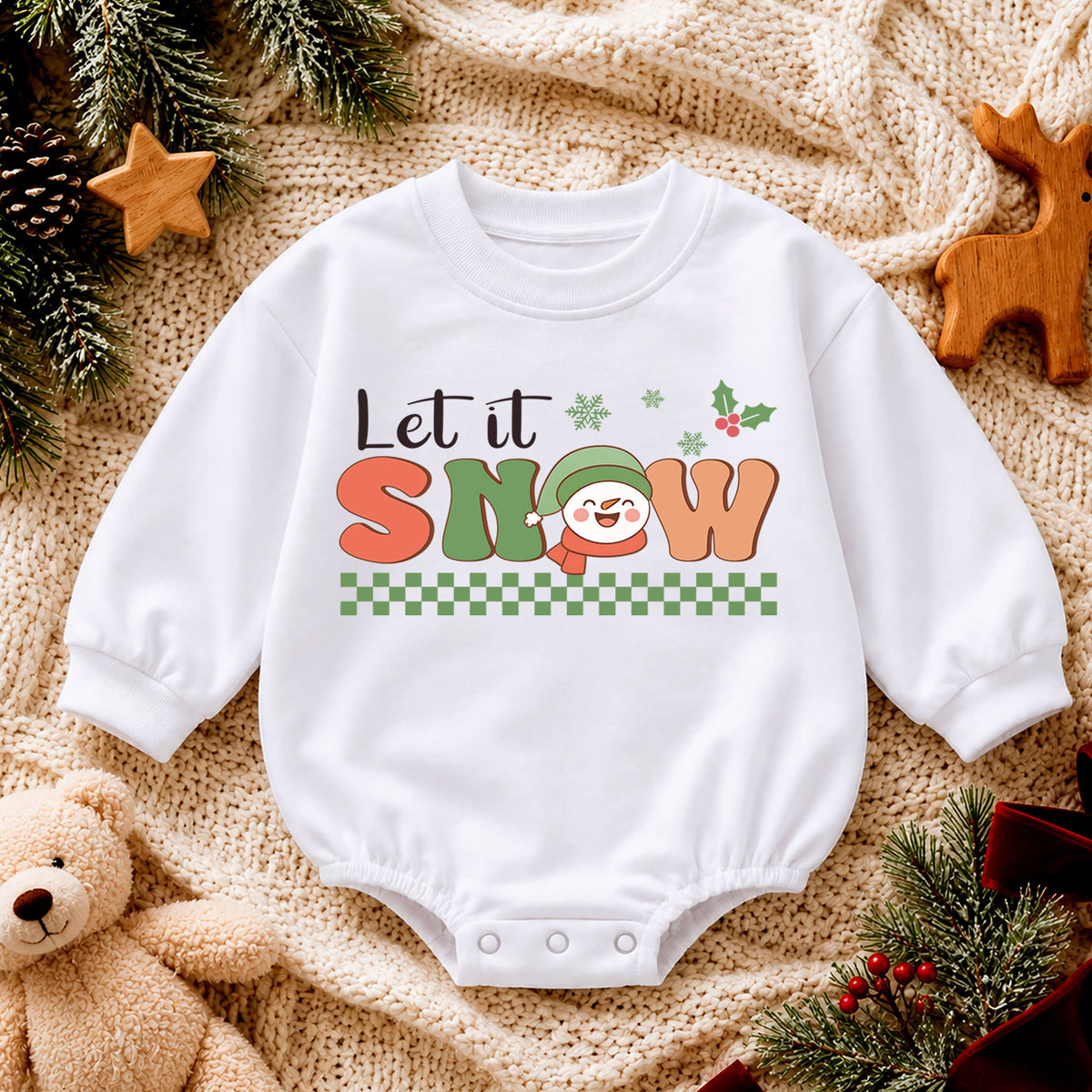 Let It Snow Christmas Baby Romper, Retro Snowman Winter Holiday Outfit, Toddler Xmas Romper, Cute 1st Christmas Gift for Baby — product view 4
