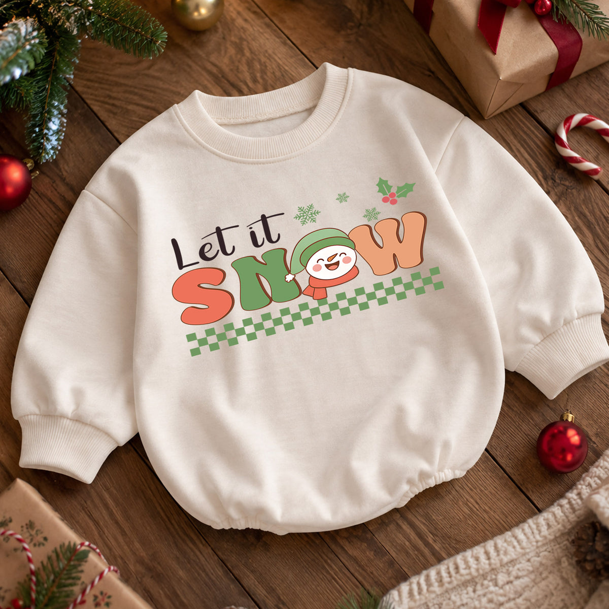 Let It Snow Christmas Baby Romper, Retro Snowman Winter Holiday Outfit, Toddler Xmas Romper, Cute 1st Christmas Gift for Baby — product view 5