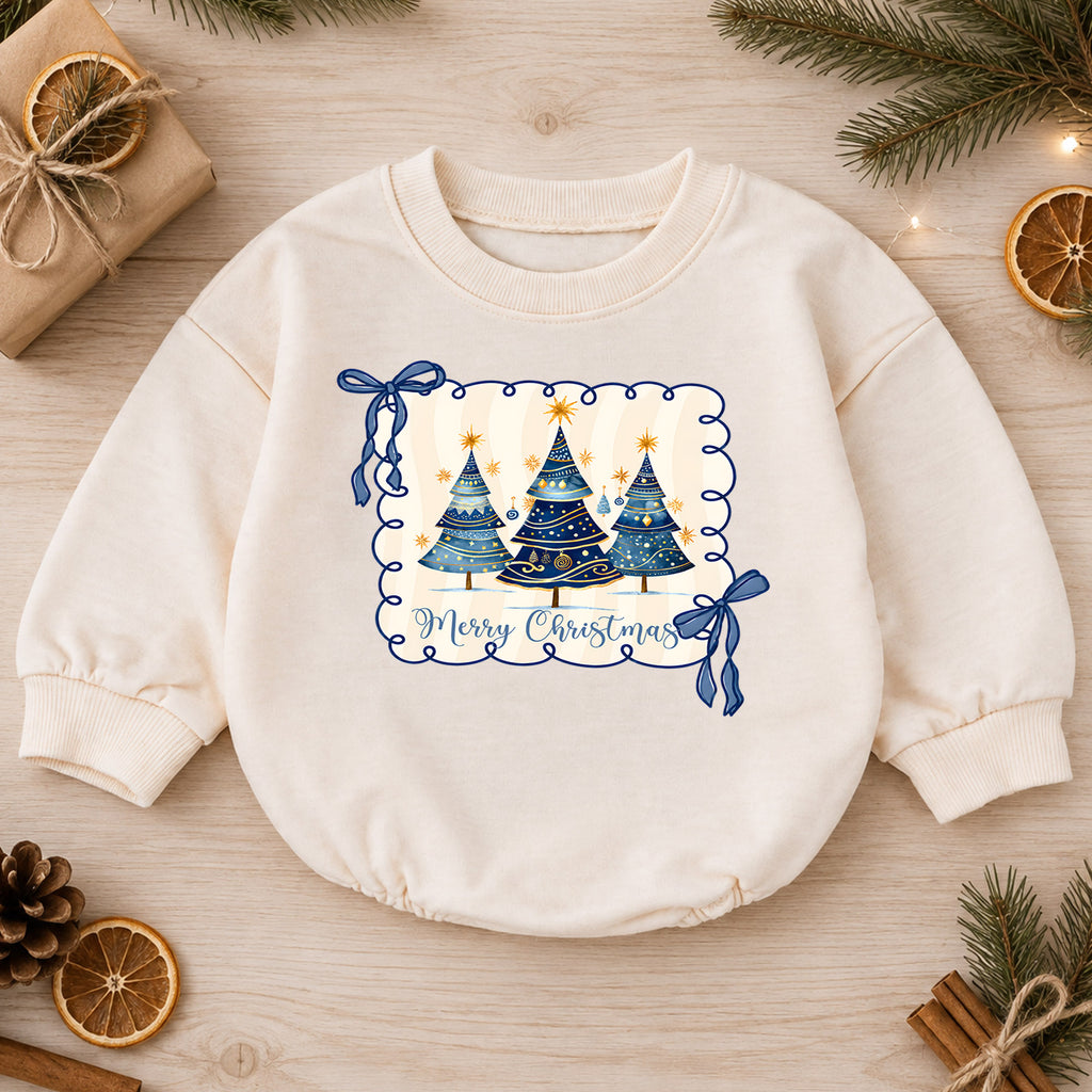 Merry Christmas Tree Romper, Blue Bow Christmas Baby Romper, Preppy Holiday Toddler Romper, Cute Christmas Tree Outfit — product view 1