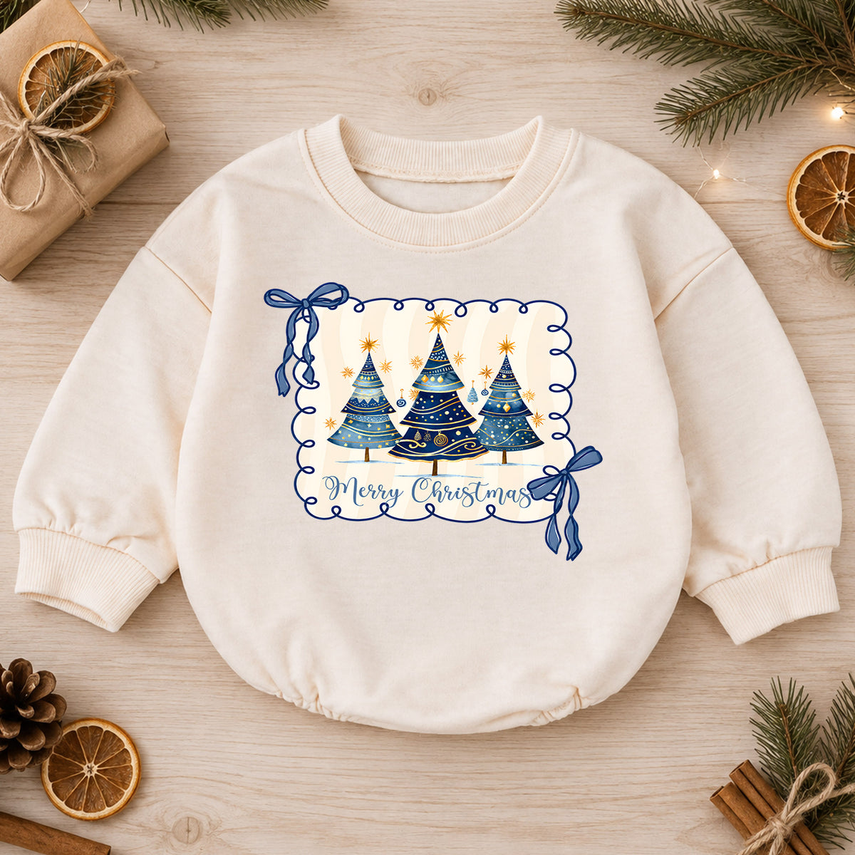 Merry Christmas Tree Romper, Blue Bow Christmas Baby Romper, Preppy Holiday Toddler Romper, Cute Christmas Tree Outfit — product view 1