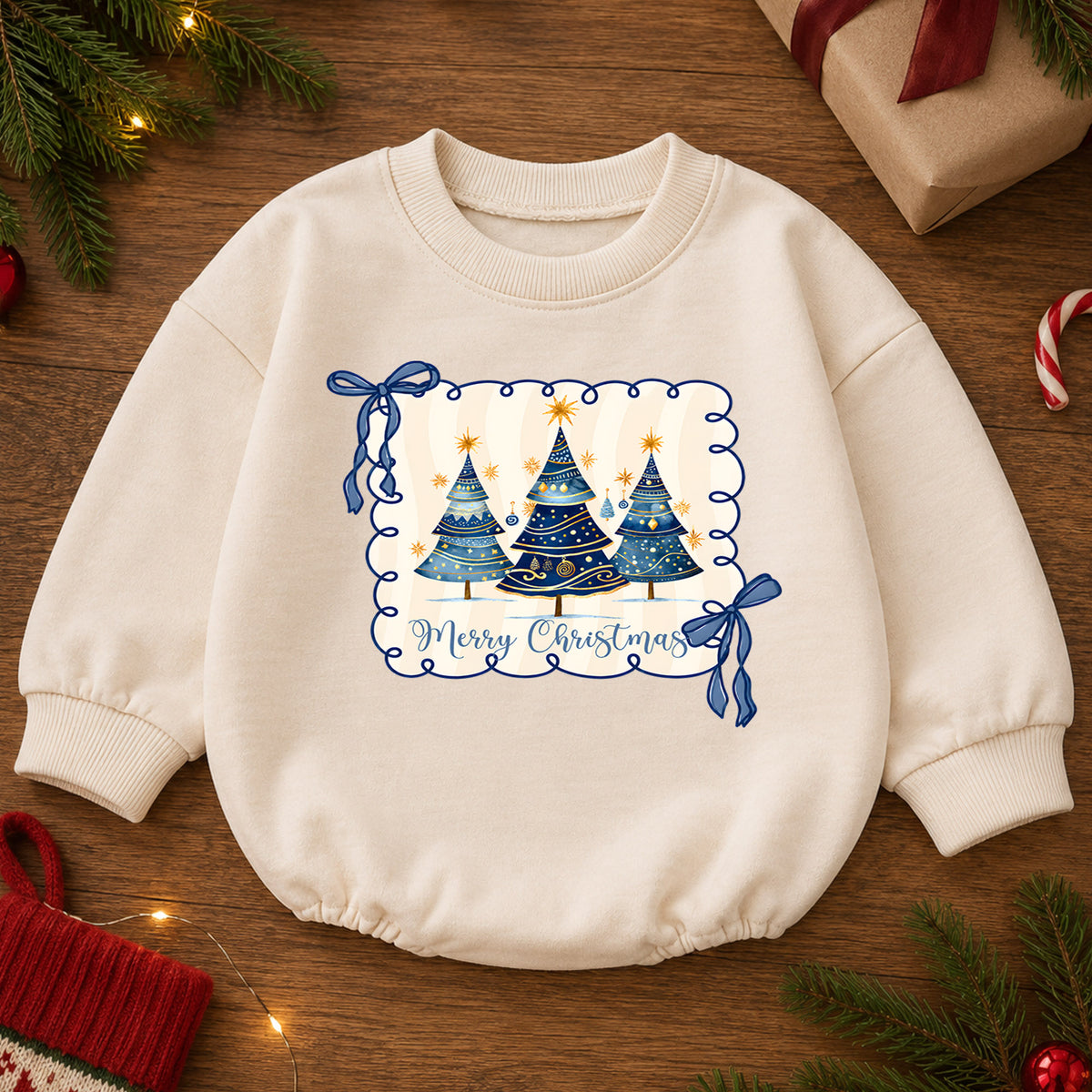 Merry Christmas Tree Romper, Blue Bow Christmas Baby Romper, Preppy Holiday Toddler Romper, Cute Christmas Tree Outfit — product view 2