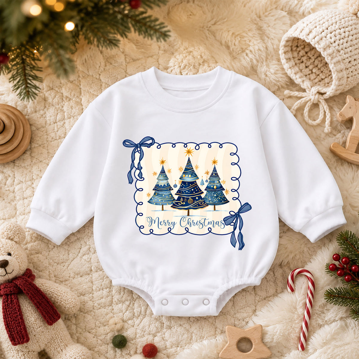 Merry Christmas Tree Romper, Blue Bow Christmas Baby Romper, Preppy Holiday Toddler Romper, Cute Christmas Tree Outfit — product view 3