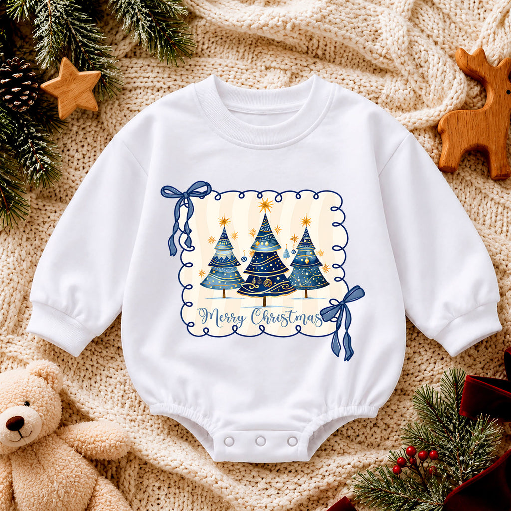 Merry Christmas Tree Romper, Blue Bow Christmas Baby Romper, Preppy Holiday Toddler Romper, Cute Christmas Tree Outfit — product view 4