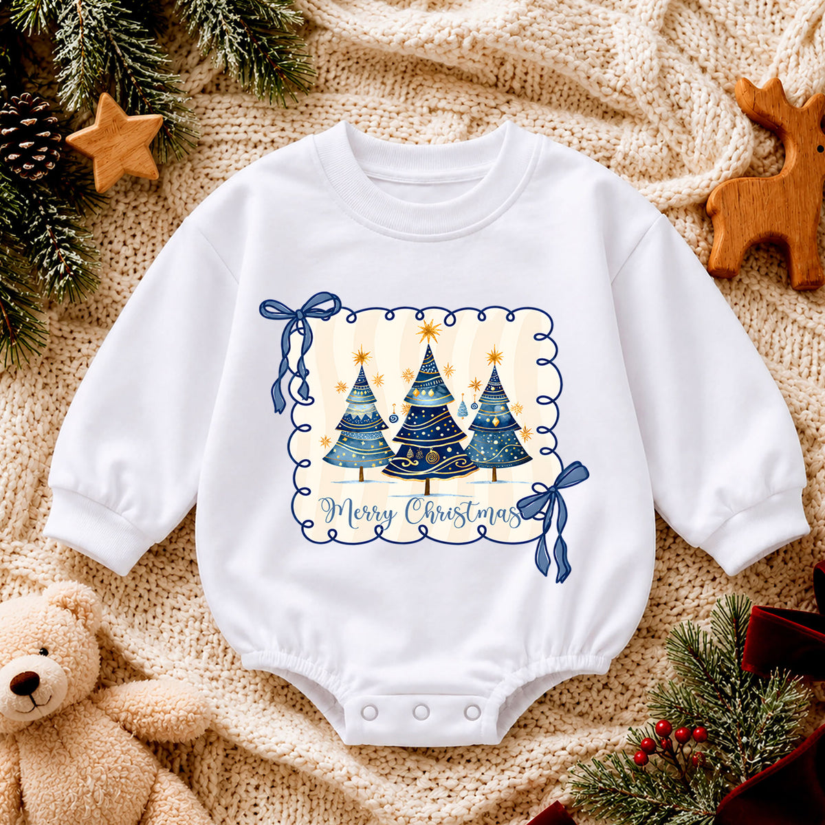 Merry Christmas Tree Romper, Blue Bow Christmas Baby Romper, Preppy Holiday Toddler Romper, Cute Christmas Tree Outfit — product view 4