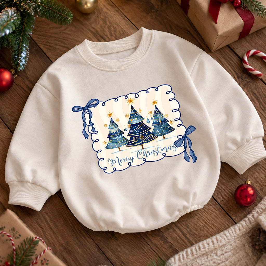 Merry Christmas Tree Romper, Blue Bow Christmas Baby Romper, Preppy Holiday Toddler Romper, Cute Christmas Tree Outfit — product view 5