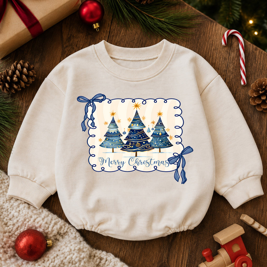 Merry Christmas Tree Romper, Blue Bow Christmas Baby Romper, Preppy Holiday Toddler Romper, Cute Christmas Tree Outfit — product view 6