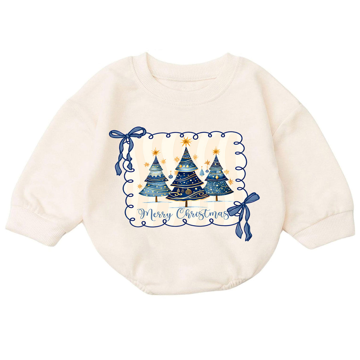 Merry Christmas Tree Romper, Blue Bow Christmas Baby Romper, Preppy Holiday Toddler Romper, Cute Christmas Tree Outfit — product view 7
